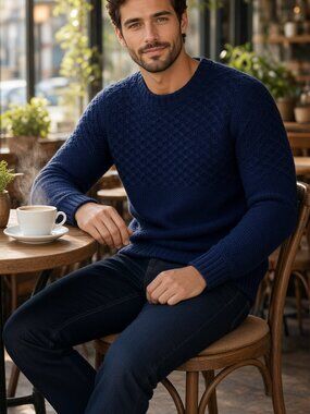 Dylan Gray Men Navy 100% Merino Wool Cabled Yoke Crewneck Pullover Sweater US XL